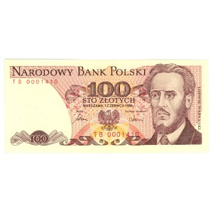 100 zloty 1986, serie transitoria TB, numero basso OOO1410