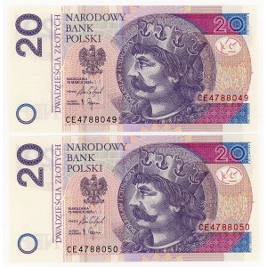 20 złotych 2025, seria CE tzw: przejściowa, numeracja po kolei, zestaw 2 sztuk