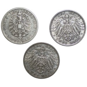 Niemcy, 2 marki 1876-1907, zestaw 3 sztuk