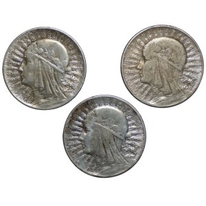 5 zlotys (1932-1933), Tête de femme, lot de 3 pièces