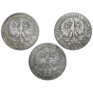 5 zlotys (1932-1933), Tête de femme, lot de 3 pièces