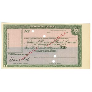 United Kingdom, £20 travel cheque, National Provincial Bank Limited, FACSIMILE