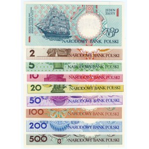 A set of Polish Cities banknotes, 1,2,5,10,20,50,100,200 and 500 zlotych 1990 without the imprint NON-OBLE