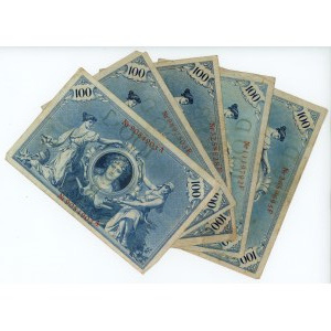 Germany, set of 5 banknotes, 100 marks 1908, red numbering
