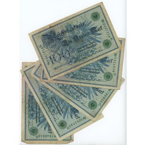 Nemecko, sada 5 bankoviek, 100 mariek 1908, zelené číslovanie