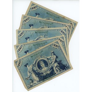 Nemecko, sada 5 bankoviek, 100 mariek 1908, zelené číslovanie