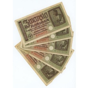 Niemcy, zestaw 5 sztuk banknotów, 20 marek 1940-1945