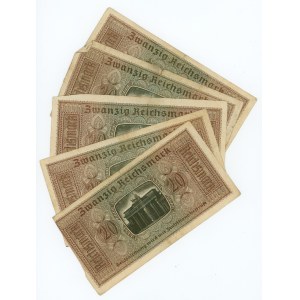 Niemcy, zestaw 5 sztuk banknotów, 20 marek 1940-1945