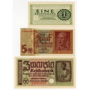 Germany, Third Reich, 1, 2 and 20 reichsmark, set of 3 banknotes