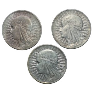 5 złotych 1932 BZM Głowa kobiety, zestaw 3 sztuk monet