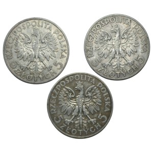 5 złotych 1932 BZM Głowa kobiety, zestaw 3 sztuk monet