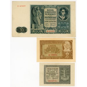 1, 2, and 50 złotych, 1941, set of 3 banknotes