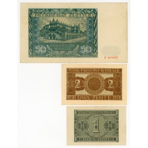 1, 2, and 50 złotych, 1941, set of 3 banknotes