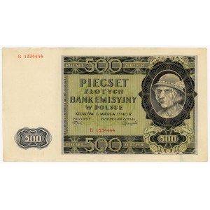 500 zlotych, 1940, attractive serial number B 1334444