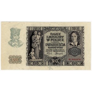 20 zlotych, 1940, H series, A.K. stamp, “Reguła,” First Insurgent Pay, August 1944.