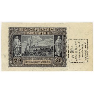 20 zlotych, 1940, H series, A.K. stamp, “Reguła,” First Insurgent Pay, August 1944.