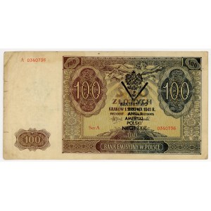 100 zloty del 1941, serie A 0340736, timbro clandestino “Viva la fratellanza d’armi tra Inghilterra, America e Polonia”