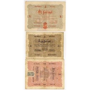 Hungary. 1, 2, and 5 forint notes from 1848, known as the Kossuth notes, set of 3