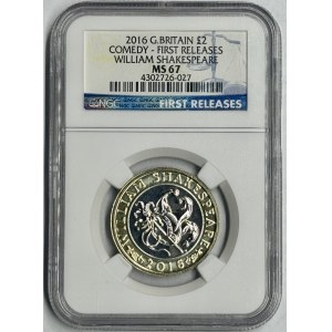 United Kingdom, 2 pounds, 2016, Comedy, William Shakespeare, NGC MS 67, FIRST RELEASES