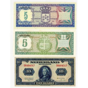 Netherlands Antilles and Aruba: 5 guilders; Netherlands: 10 guilders, 1943; set of 3