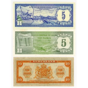 Netherlands Antilles and Aruba: 5 guilders; Netherlands: 10 guilders, 1943; set of 3