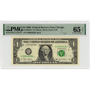 USA, $1 bill, 2003, Replacement Series G 00948336 ★, Chicago (FW), Marin│Snow, PMG 65 EPQ