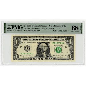 USA, $1, 2021, Series J 62533526 A, RADAR, Kansas, Malerba│Yellen, PMG 68 EPQ