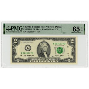 USA, $2 bill, 2009, Replacement Series K 00361375 ★, Dallas (FW), Rios│Geithner, PMG 65 EPQ