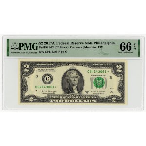 USA, $2, 2017 A, Series C 04143061 ★, Philadelphia (FW), Carranza│Mnuchin, PMG 66 EPQ