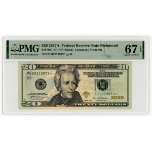 USA, $20, 2017 A, Replacement Series PE 02219973 ★, Richmond, Carranza│Mnuchin, PMG 67 EPQ