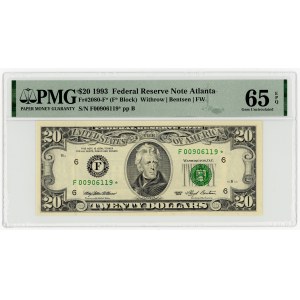 USA, $20, 1993, Replacement Series F 00906119 ★, Atlanta (FW), Withrow│Bentsen, PMG 65 EPQ