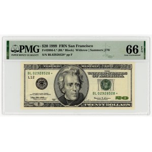 USA, $20, 1999, replacement series BL 02928528 ★, San Francisco (FW), Withrow│Summers, PMG 66 EPQ