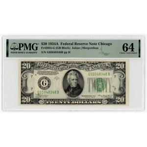 USA, $20, 1934 A, Series G 05048348 B, Chicago, Julian│Morgenthau, PMG 64