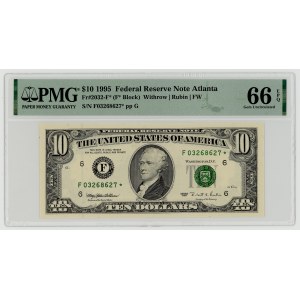 USA, 10 dolarów 1995, seria zastępcza F 03268627 ★, Atlanta (FW), Withrow│Rubin, PMG 66 EPQ