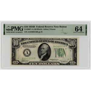 USA, 10 dolarów 1934 B, seria A 43469516 B, Boston, Julian│Vinson, PMG 64