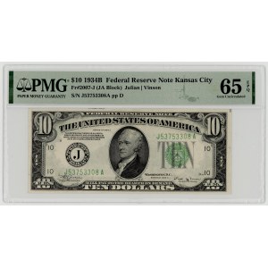 USA, $10, 1934 B, Series J 53753308 A, Kansans, Julian│Vinson, PMG 65 EPQ