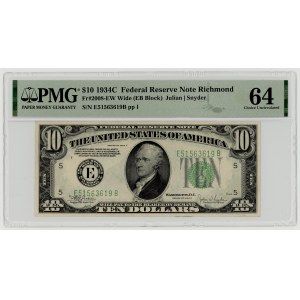 USA, $10, 1934 C, Series E, 51563619 B, Richmond, Julian│Vinson, PMG 64 EPQ