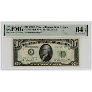USA, $10 bill, 1950 B, Series F 41401529 B, Atlanta, Priest│Anderson, PMG 64 EPQ