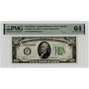 USA, $10, 1934 A, Series F 85287068 A, Atlanta, Julian│Morgenthau, PMG 64