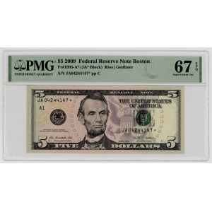 USA, 5 dolarů 2009, náhradní série JA 04244147 ★, Boston, Rios│Geithner, PMG 67 EPQ
