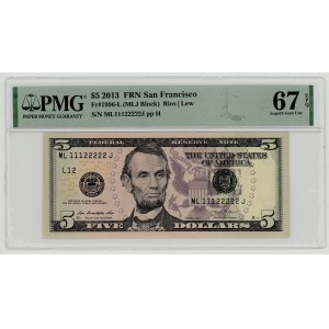 USA, 5 dolarů 2013, série ML 11122222 J, San Francisco, Rios│Lev, PMG 67 EPQ