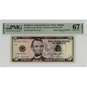 USA, 5 dolarów 2017 A, seria PF 15977951 A, Atlanta (FW), Carranza│Mnuchin, PMG 67 EPQ