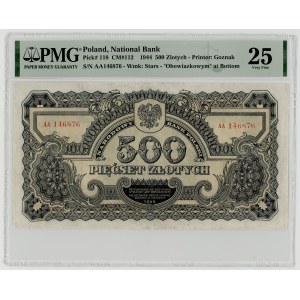 500 złotych 1944, seria AA, obowiązkowym, PMG 25