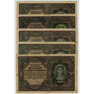 500 marek polskich 1919, różne serie, zestaw 5 sztuk