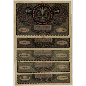 500 marek polskich 1919, różne serie, zestaw 5 sztuk
