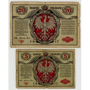 5 oraz 20 marek polskich 1916, zestaw 2 sztuk
