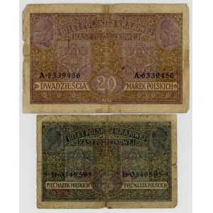 5 oraz 20 marek polskich 1916, zestaw 2 sztuk