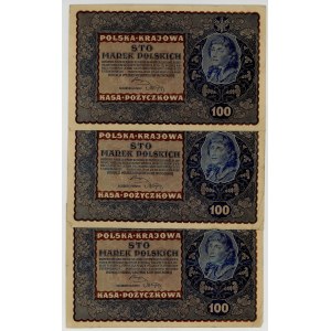 100 marek polskich 1919, seria IH z kolejnymi numerami seryjnymi, zestaw 3 sztuk