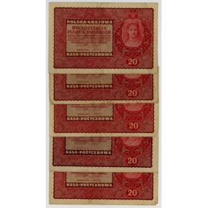 20 marek polskich 1919, różne serie, zestaw 5 sztuk