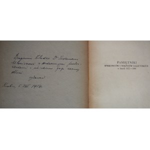 Pamiętniki spiskowców i więźniów galicyjskich 1832-1846, odręczna dedykacja od wydawcy dla prof. Tadeusza Ulewicza, opr. Karol Lewicki, Wrocław 1954 r.